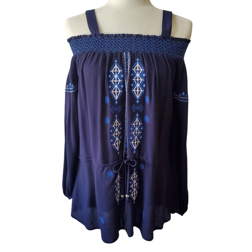 Neiman Marcus Top Women Small Off Shoulder Boho Embroidered‎ Crinkly Tribal Navy